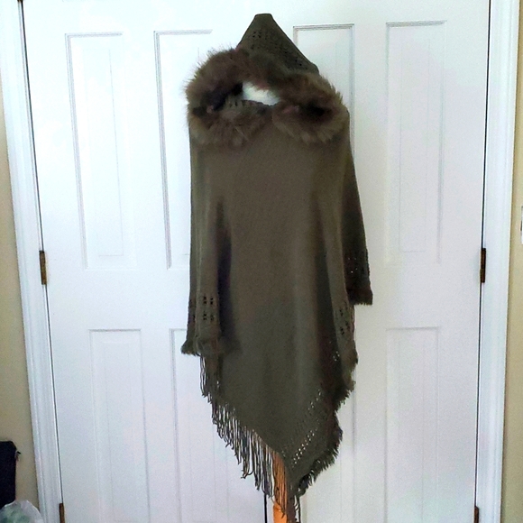 Sweaters - Hooded Fur Poncho